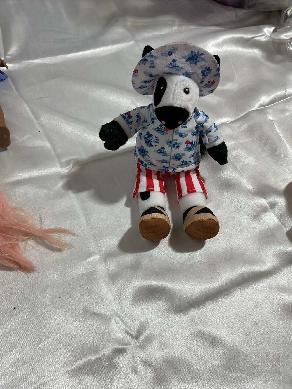 Plush Cow Toy in White, Black & Blue Floral Outfit